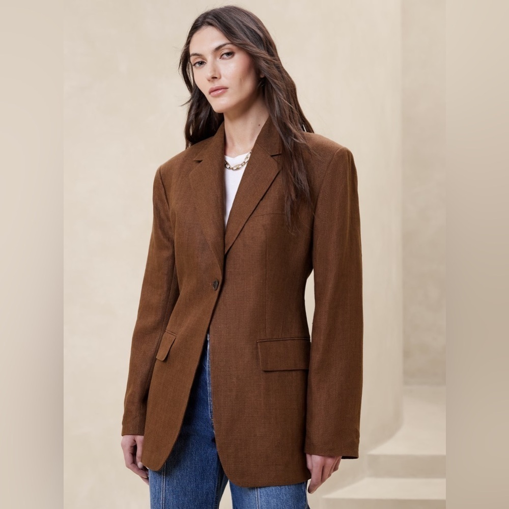 NWT! Banana Republic Toasted Hickory Brown Isola Hourglass Linen Blazer -Size 0🩷